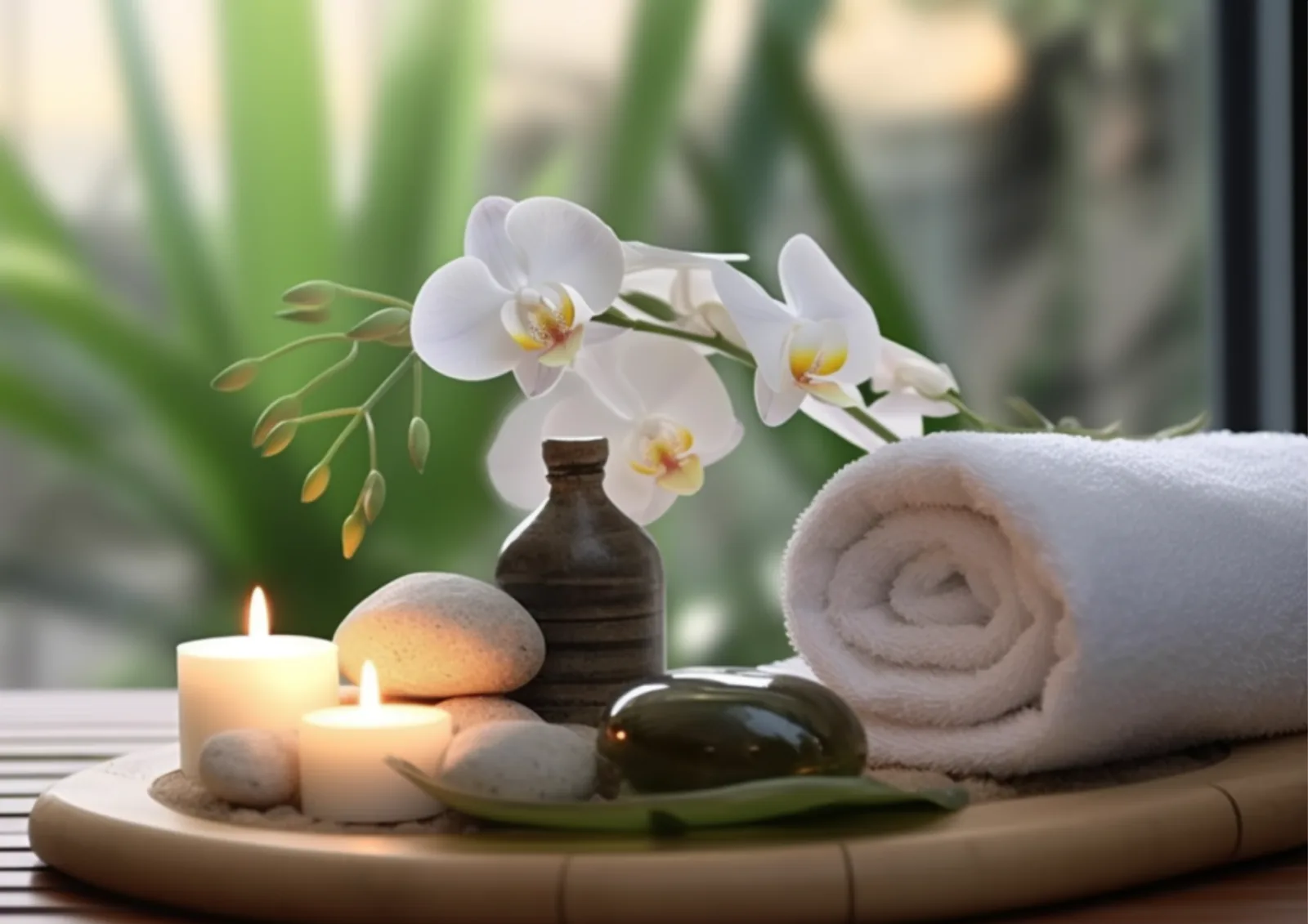 White orchids, candles, spa stones and a rolled towel by a window